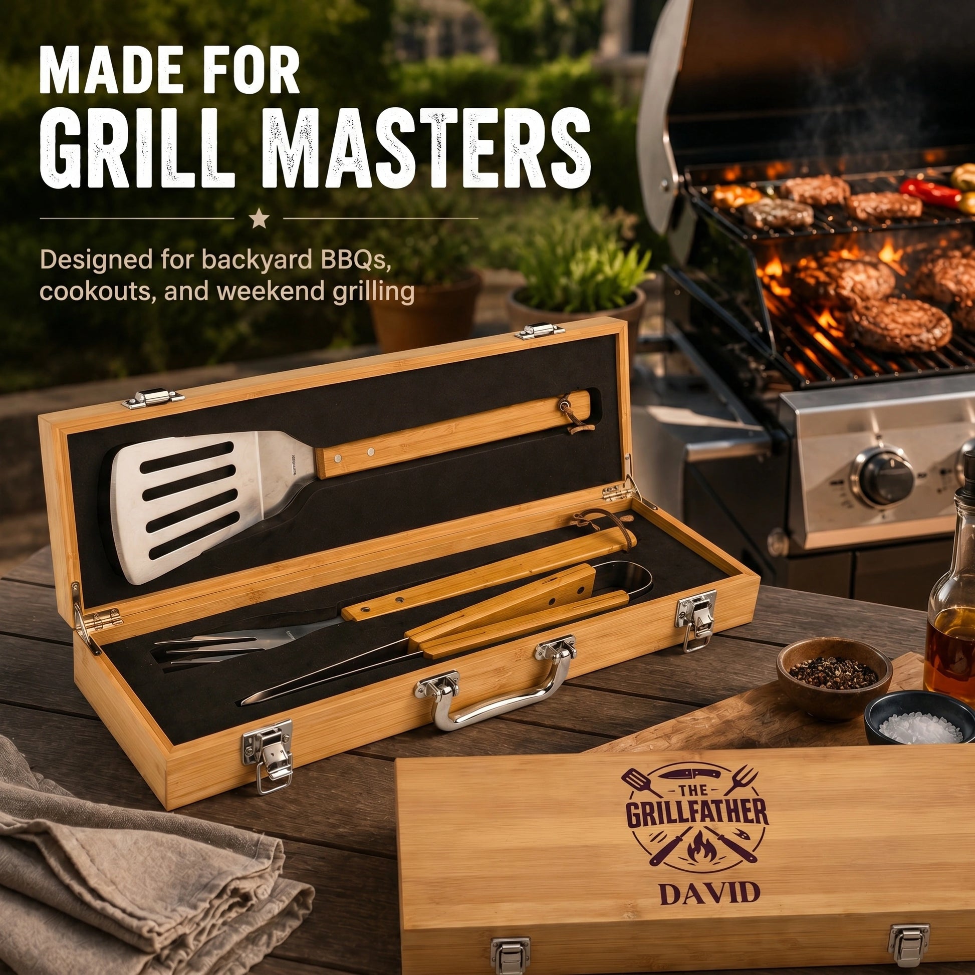 Grill tool set in a wooden case with 'The Grillfather' branding, on a grill with food cooking.