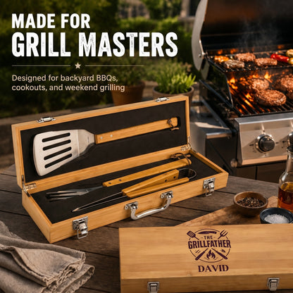 Grill tool set in a wooden case with 'The Grillfather' branding, on a grill with food cooking.