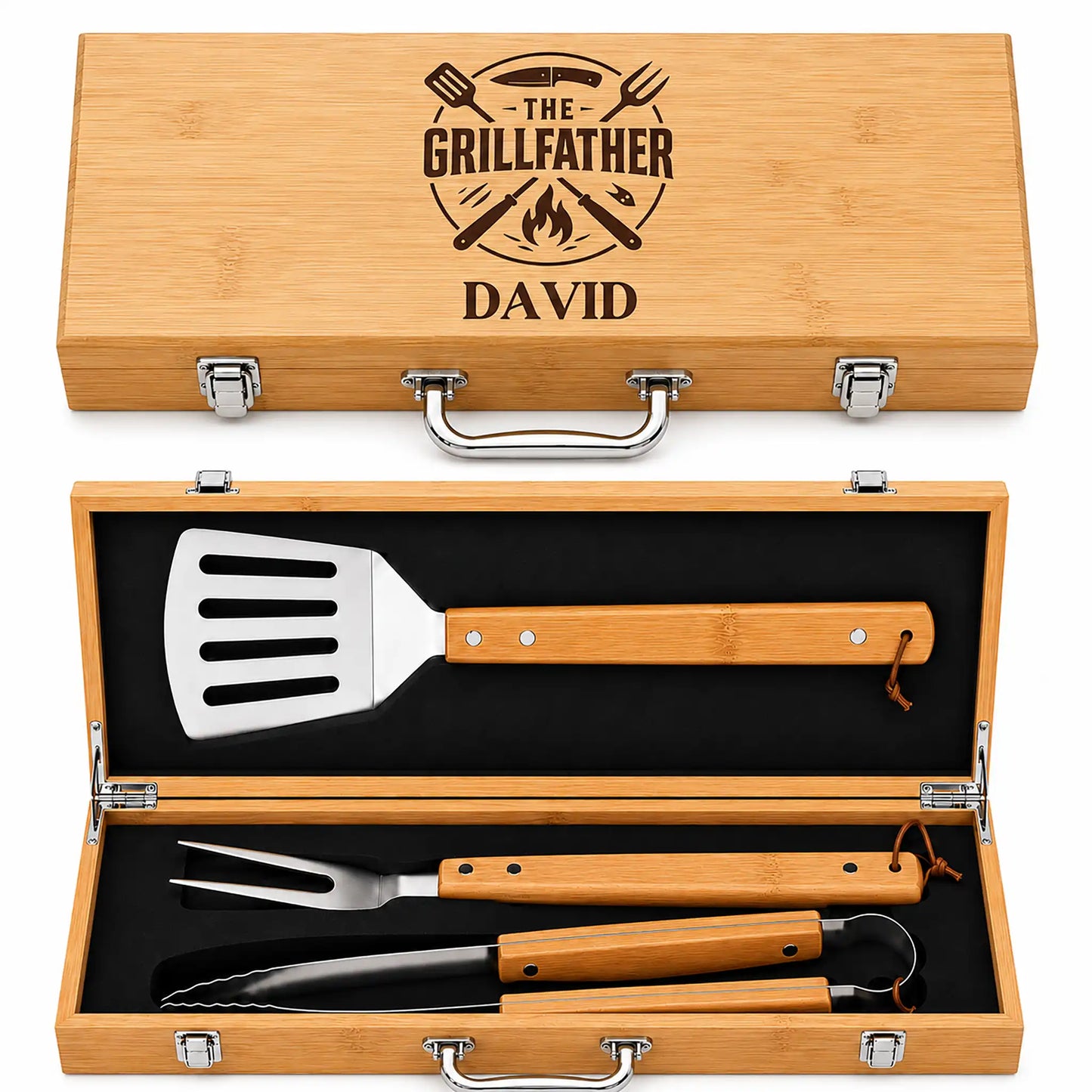 personalized bbq grill set with bamboo case on white background