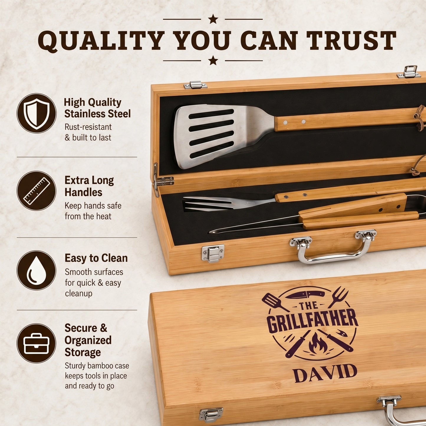 Barbecue tool set in a wooden case with 'The Grillfather' branding and customizable name.