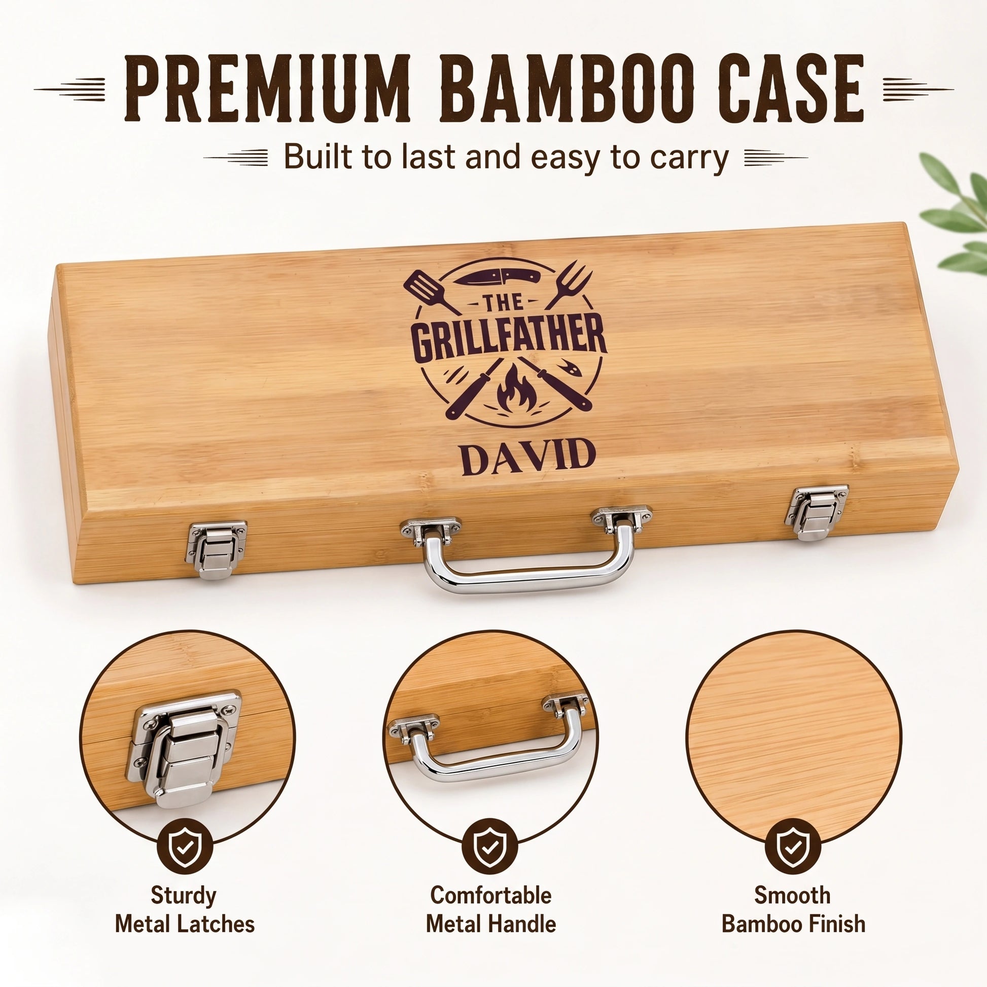 Wooden grill tool set case with engraved design and metal latches, handle, and finish details.