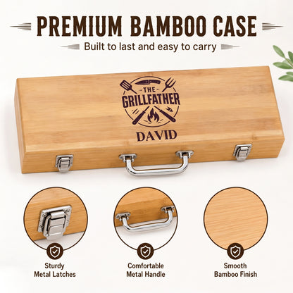 Wooden grill tool set case with engraved design and metal latches, handle, and finish details.