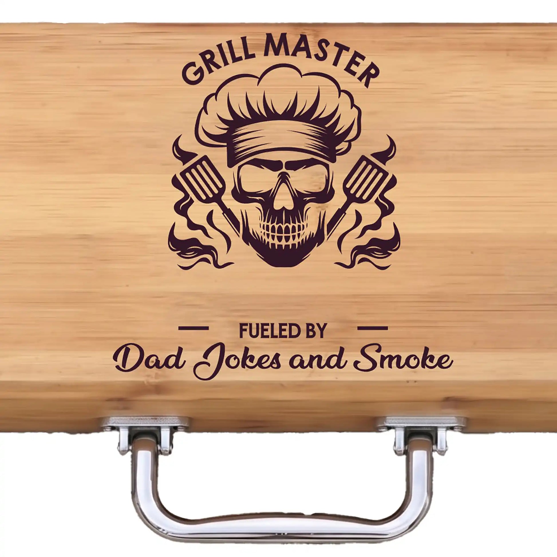 Wooden bbq set case with 'Grill Master' skull design on a white background