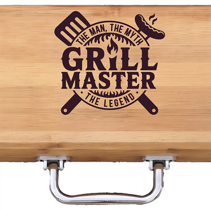 Wooden bbq grill set case with 'Grill Master' text and graphics on a white background