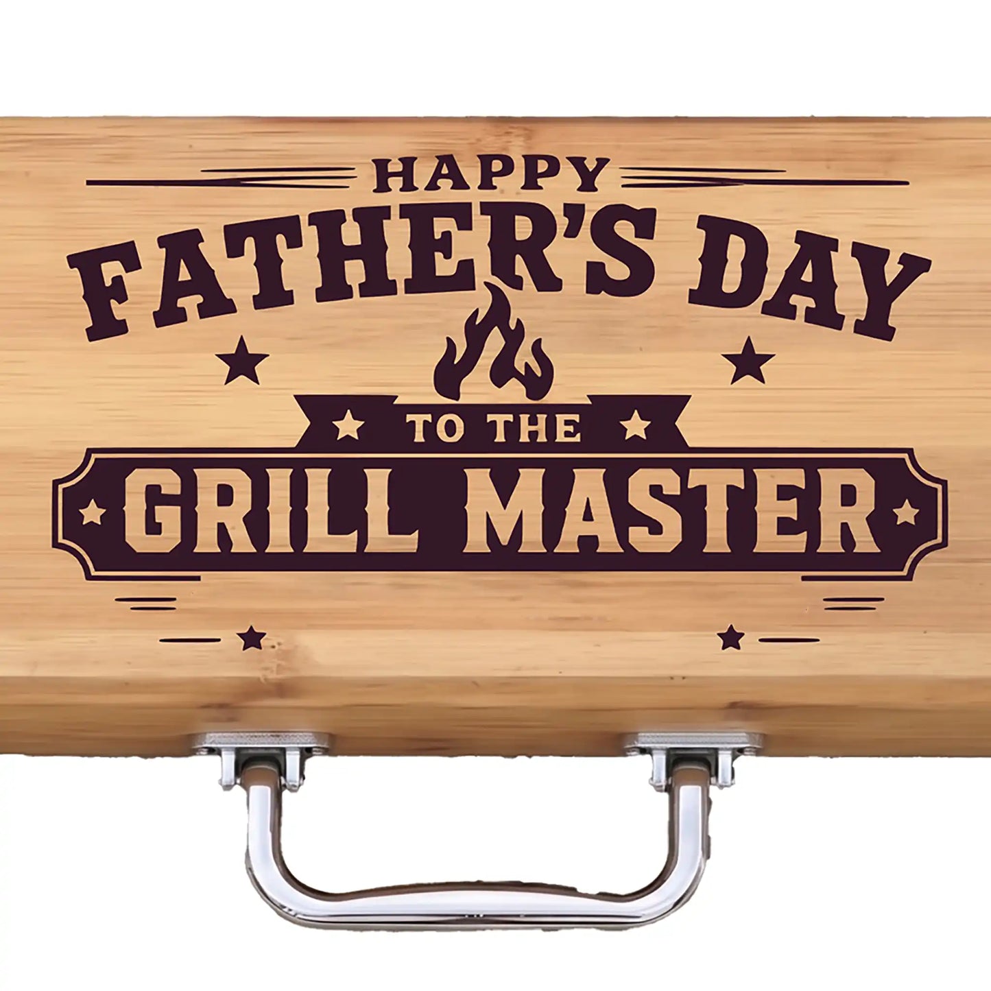 Wooden bbq grill set with 'Happy Father's Day to the Grill Master' engraving on a white background