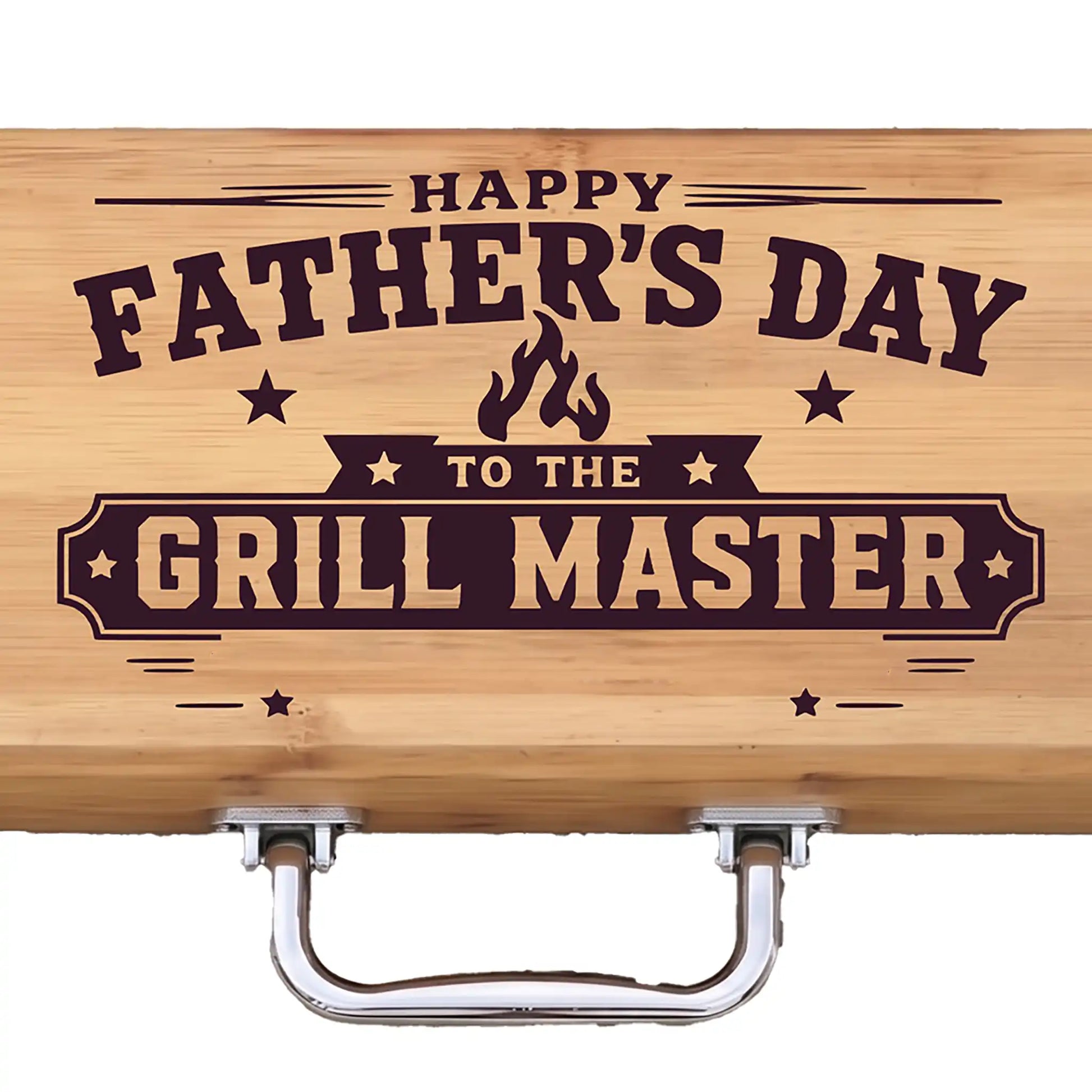 Wooden bbq grill set with 'Happy Father's Day to the Grill Master' engraving on a white background