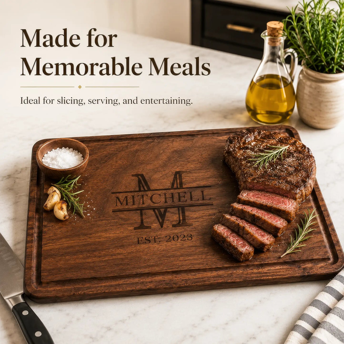 Wooden cutting board with engraved text, sliced meat, and herbs on a kitchen counter.