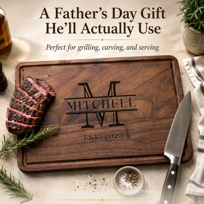 Personalized wooden cutting board with engraved name and year, accompanied by a knife and sliced steak on a rustic background.