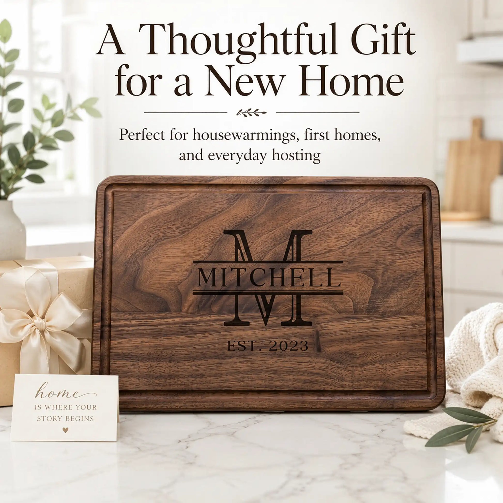 Wooden cutting board with engraved initials and year, placed on a kitchen counter.
