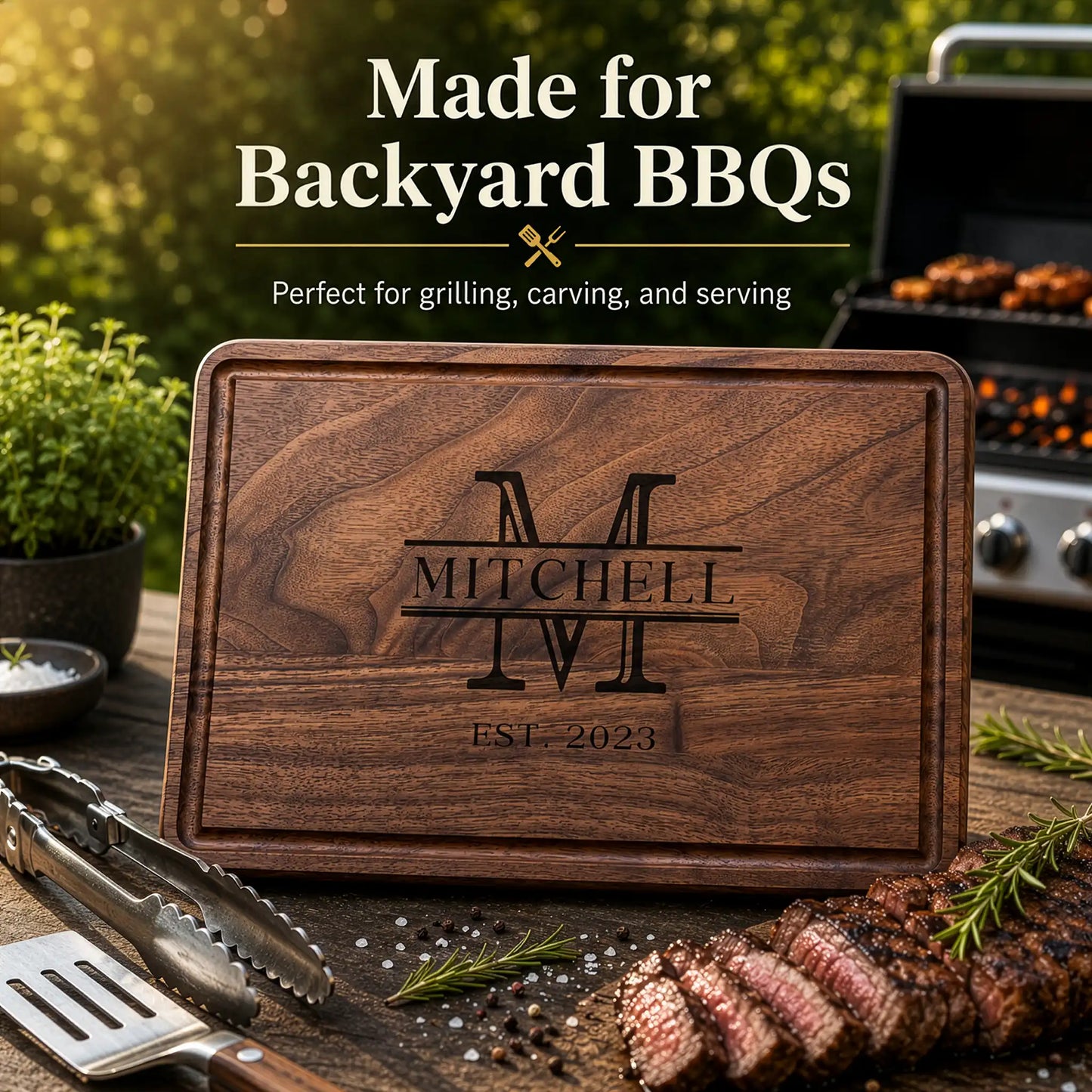 Wooden cutting board with engraved name and date, placed on a grill with BBQ items.