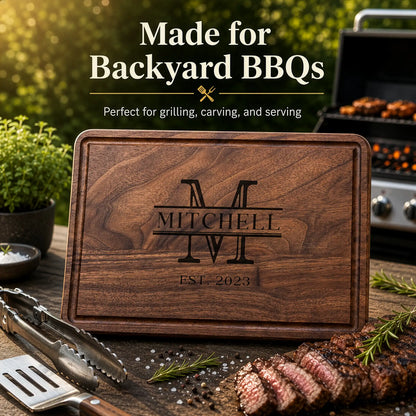 Wooden cutting board with engraved name and date, placed on a grill with BBQ items.