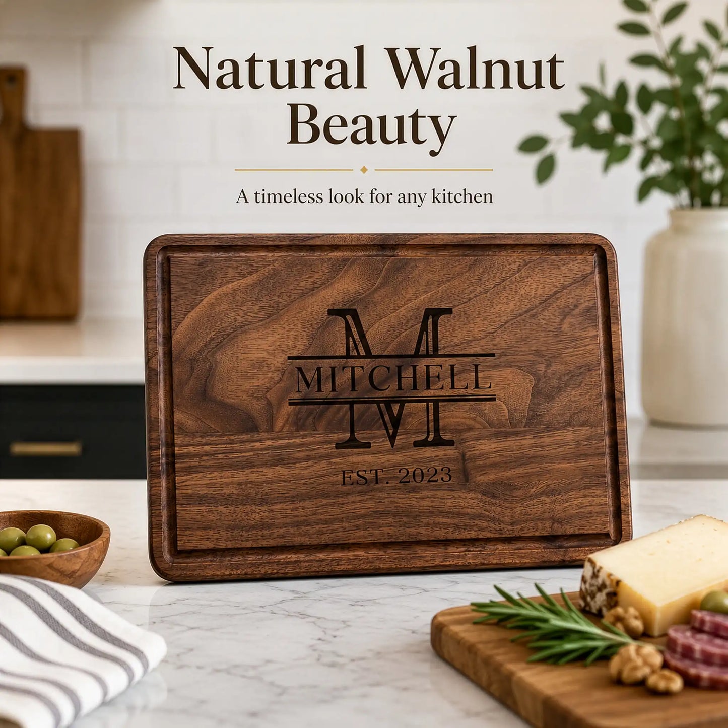 Wooden cutting board with engraved initials on a kitchen counter.