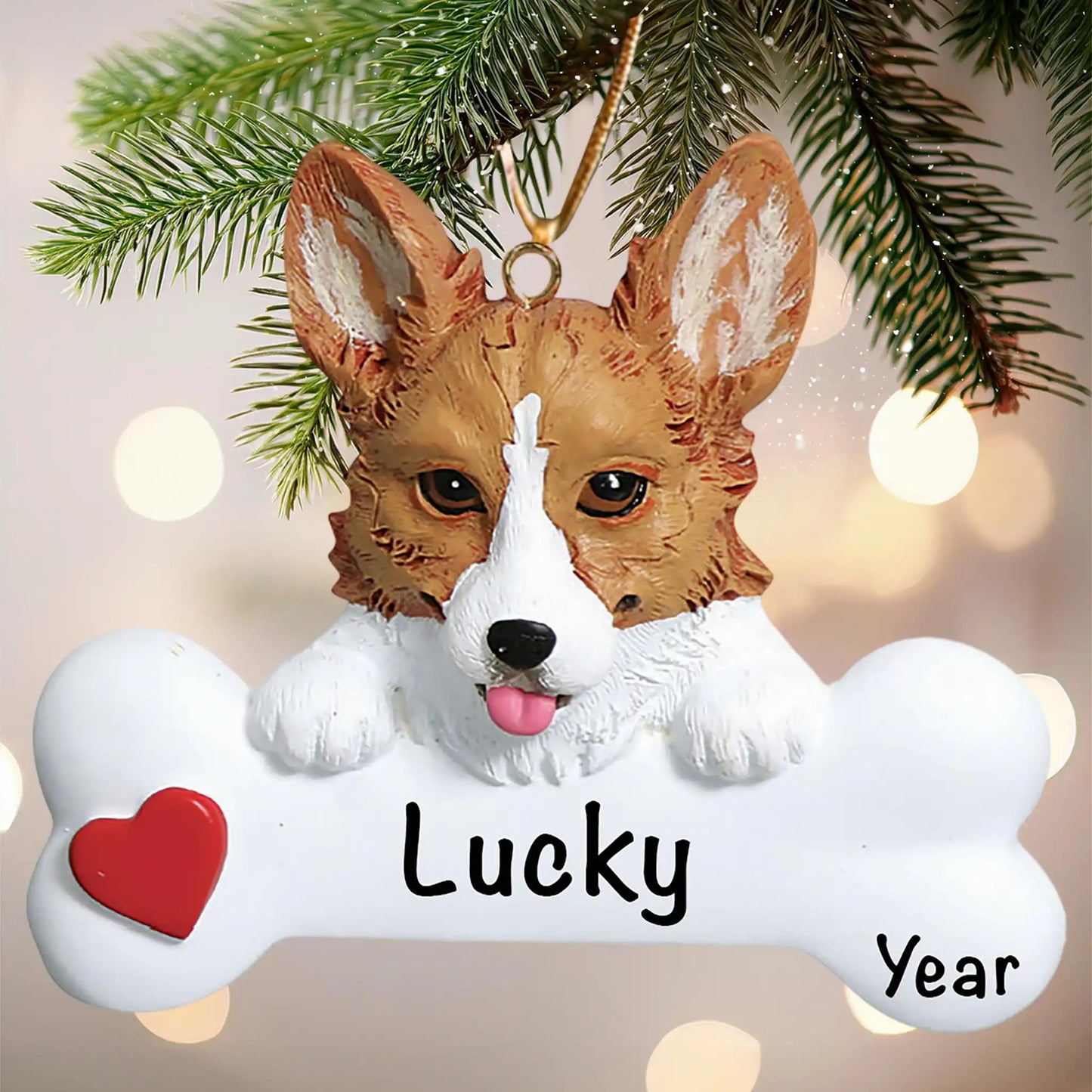 Dog ornament with 'Lucky Year' on a bone-shaped tag, hanging from a Christmas tree.