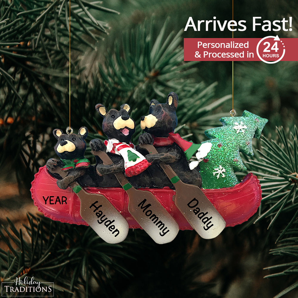 Bear Canoe Family of 3 Christmas Ornament