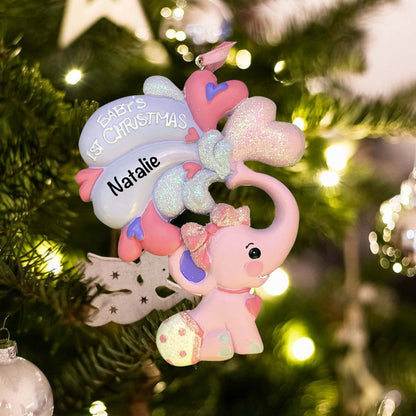 H5081G Personalized Baby's 1st Christmas Elephant Pink Christmas Ornament