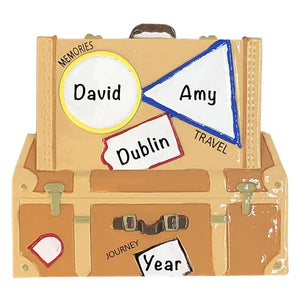 Personalized vintage travel suitcase ornament with travel stickers, laser engraved with a name and destination