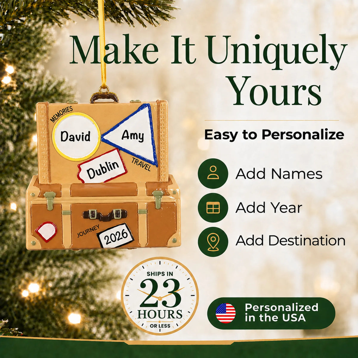 Make it yours: add names, year and destination to the personalized travel suitcase christmas ornament