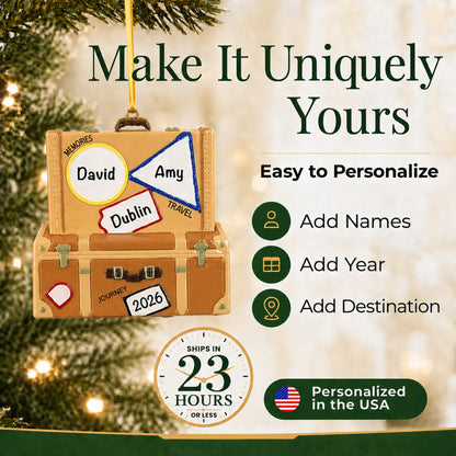 Make it yours: add names, year and destination to the personalized travel suitcase christmas ornament