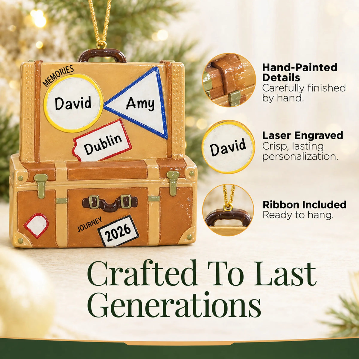 Hand-painted details and laser engraved personalization on the travel suitcase christmas ornament, ribbon included