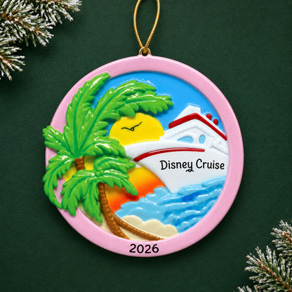 Personalized tropical cruise ship christmas ornament on a dark green pine background