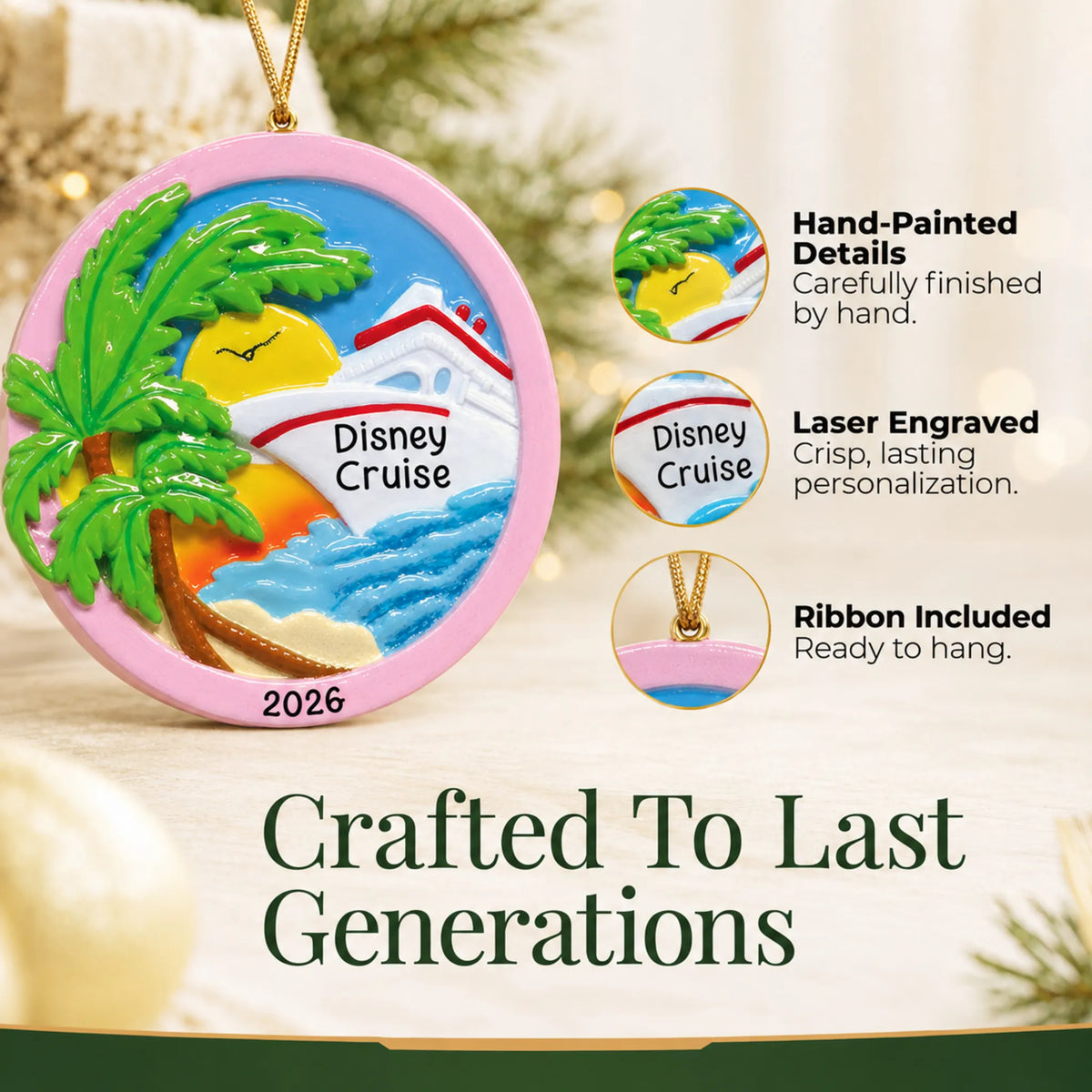 Hand-painted details and laser engraved personalization on the tropical cruise ship christmas ornament, ribbon included