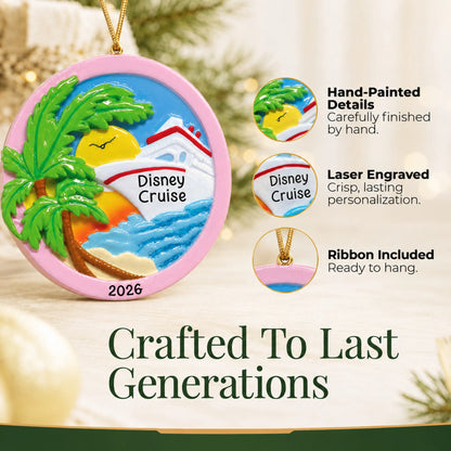 Hand-painted details and laser engraved personalization on the tropical cruise ship christmas ornament, ribbon included