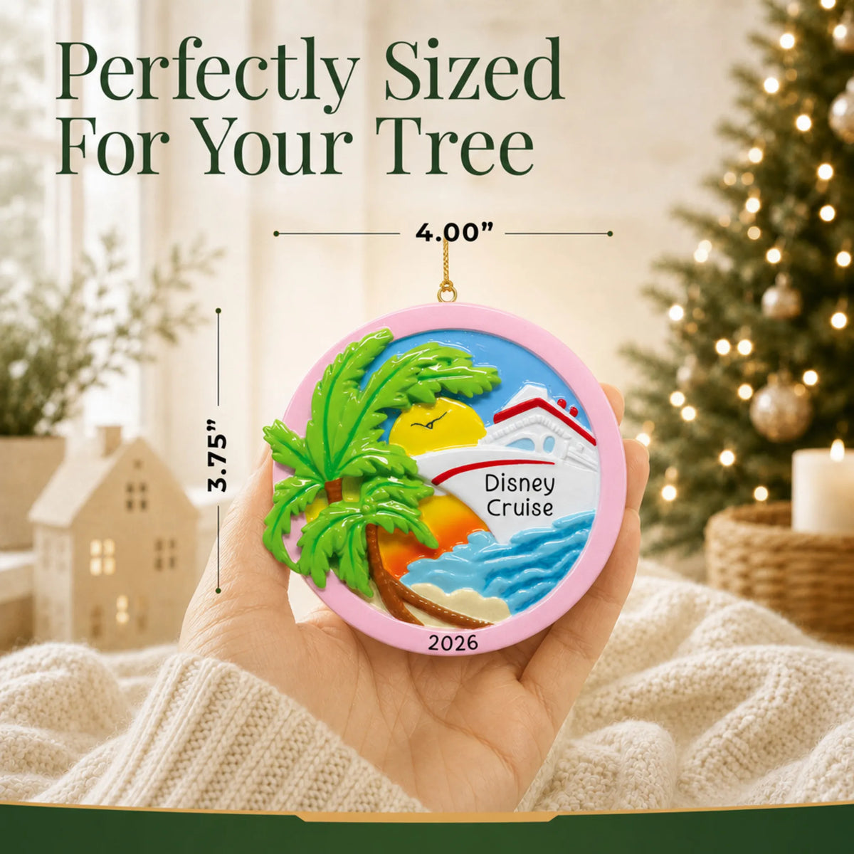 Size guide: the personalized tropical cruise ship christmas ornament is 4.00 in wide by 3.75 in tall, shown in hand