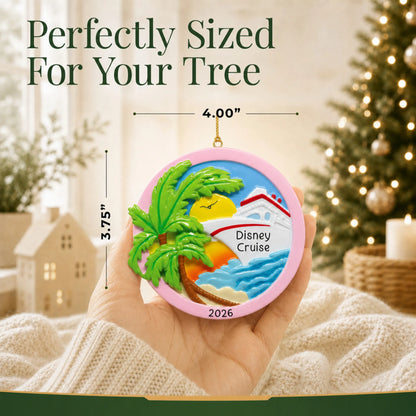 Size guide: the personalized tropical cruise ship christmas ornament is 4.00 in wide by 3.75 in tall, shown in hand