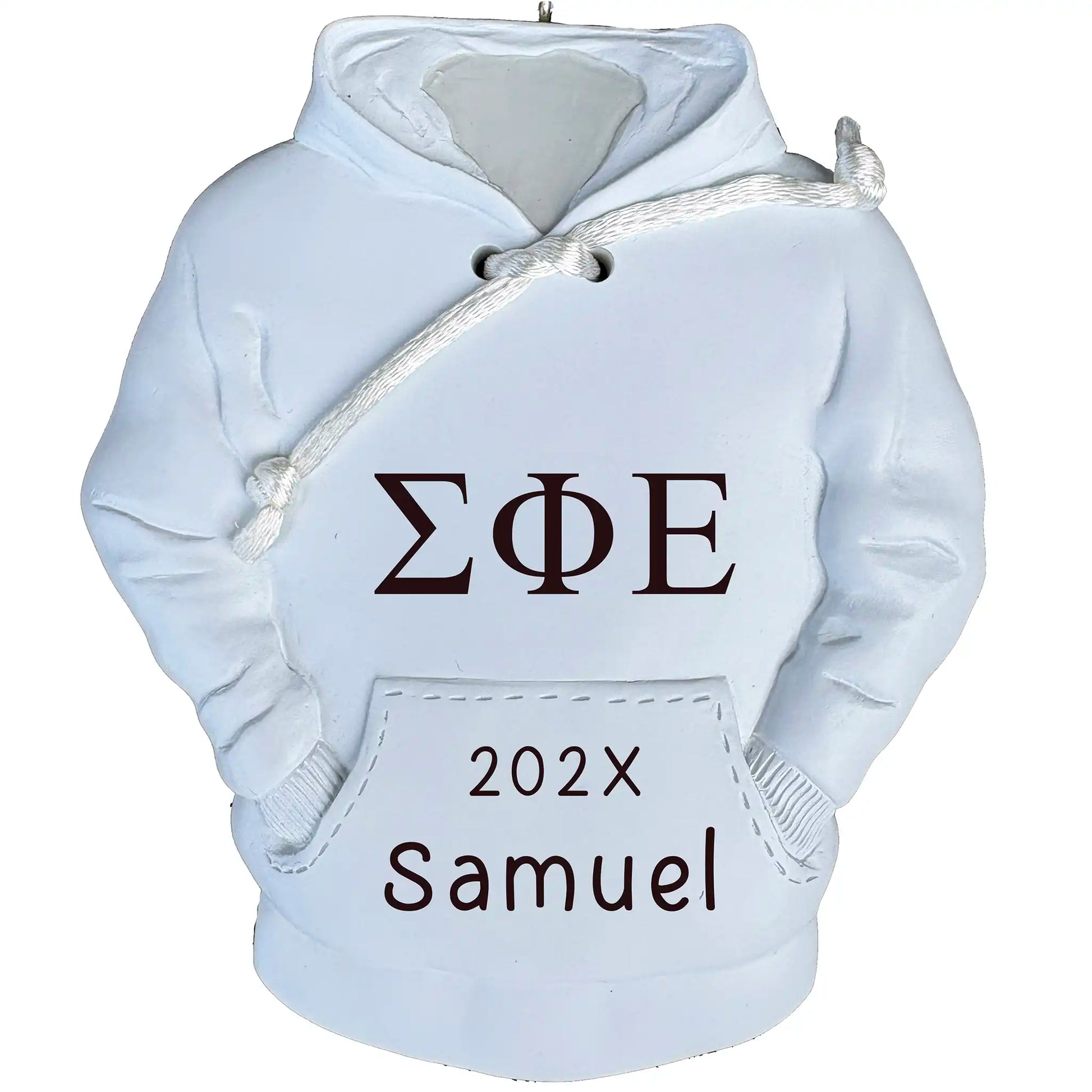 Personalized fraternity hoodie Christmas ornament with customizable Greek letters, name, and year for fraternity brothers and alumni.