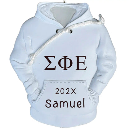Personalized fraternity hoodie Christmas ornament with customizable Greek letters, name, and year for fraternity brothers and alumni.