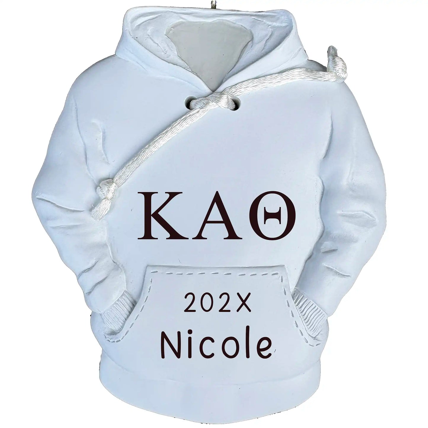 Personalized sorority hoodie Christmas ornament with customizable Greek letters, name, and year, perfect for college students and alumni.