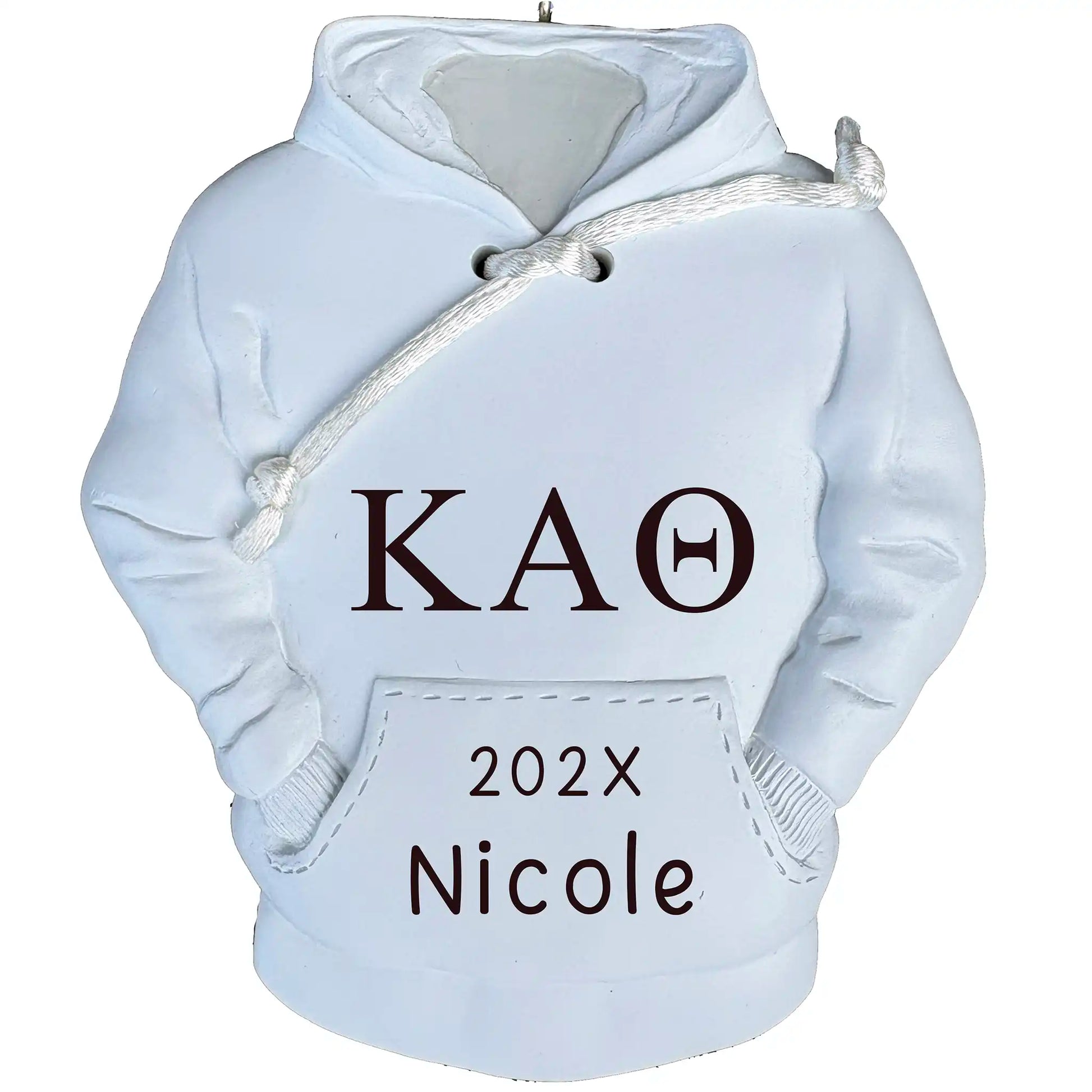 Personalized sorority hoodie Christmas ornament with customizable Greek letters, name, and year, perfect for college students and alumni.