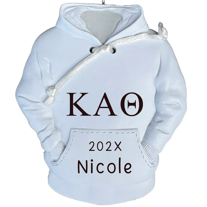 Personalized sorority hoodie Christmas ornament with customizable Greek letters, name, and year, perfect for college students and alumni.