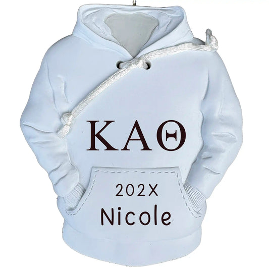 Personalized sorority hoodie Christmas ornament with customizable Greek letters, name, and year, perfect for college students and alumni.