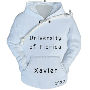 College hoodie personalized Christmas ornament with a school or team name laser engraved across the chest and a name on the front pocket
