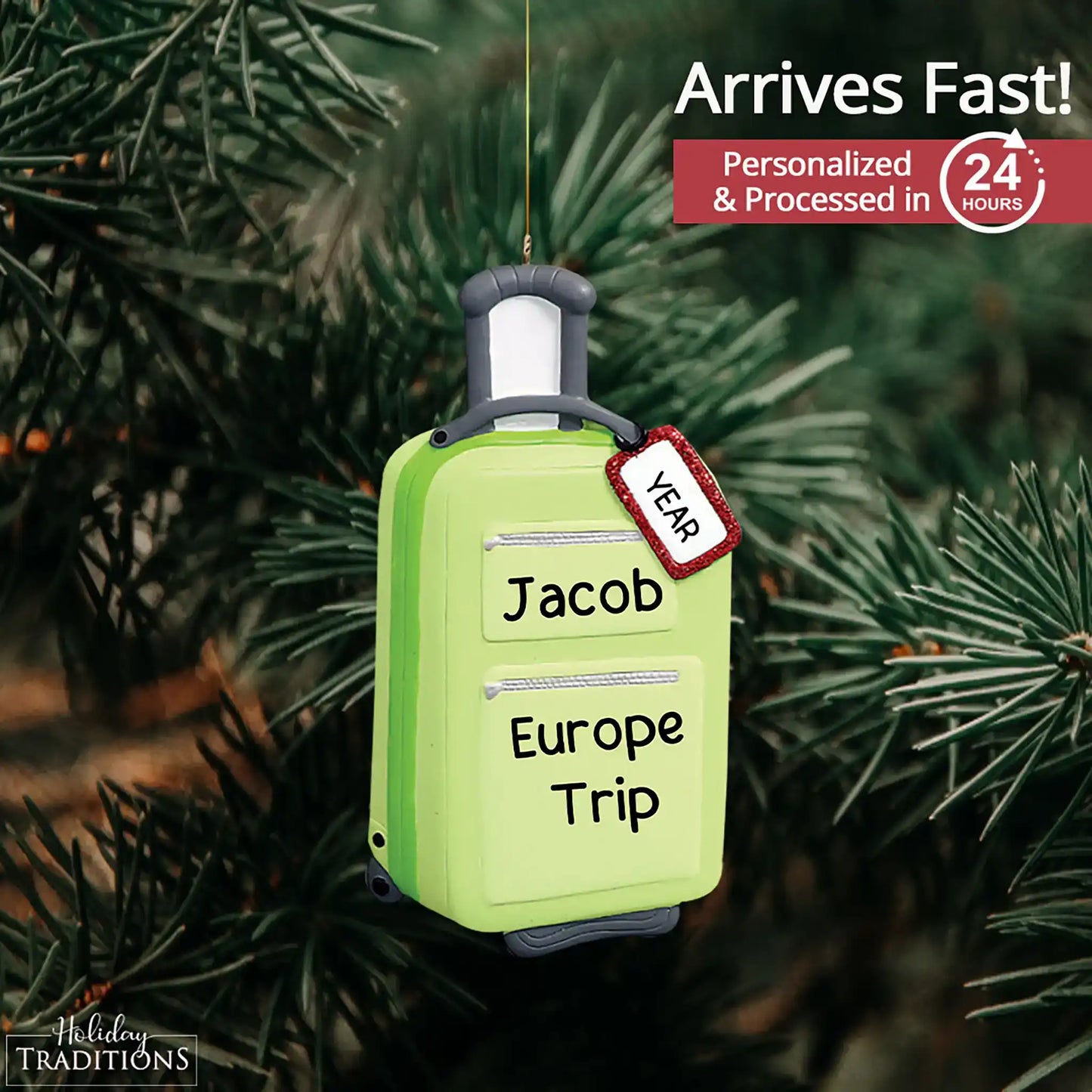 Adorno navideño de maleta de viaje verde