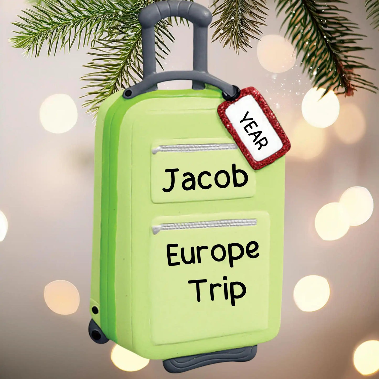 Adorno navideño de maleta de viaje verde