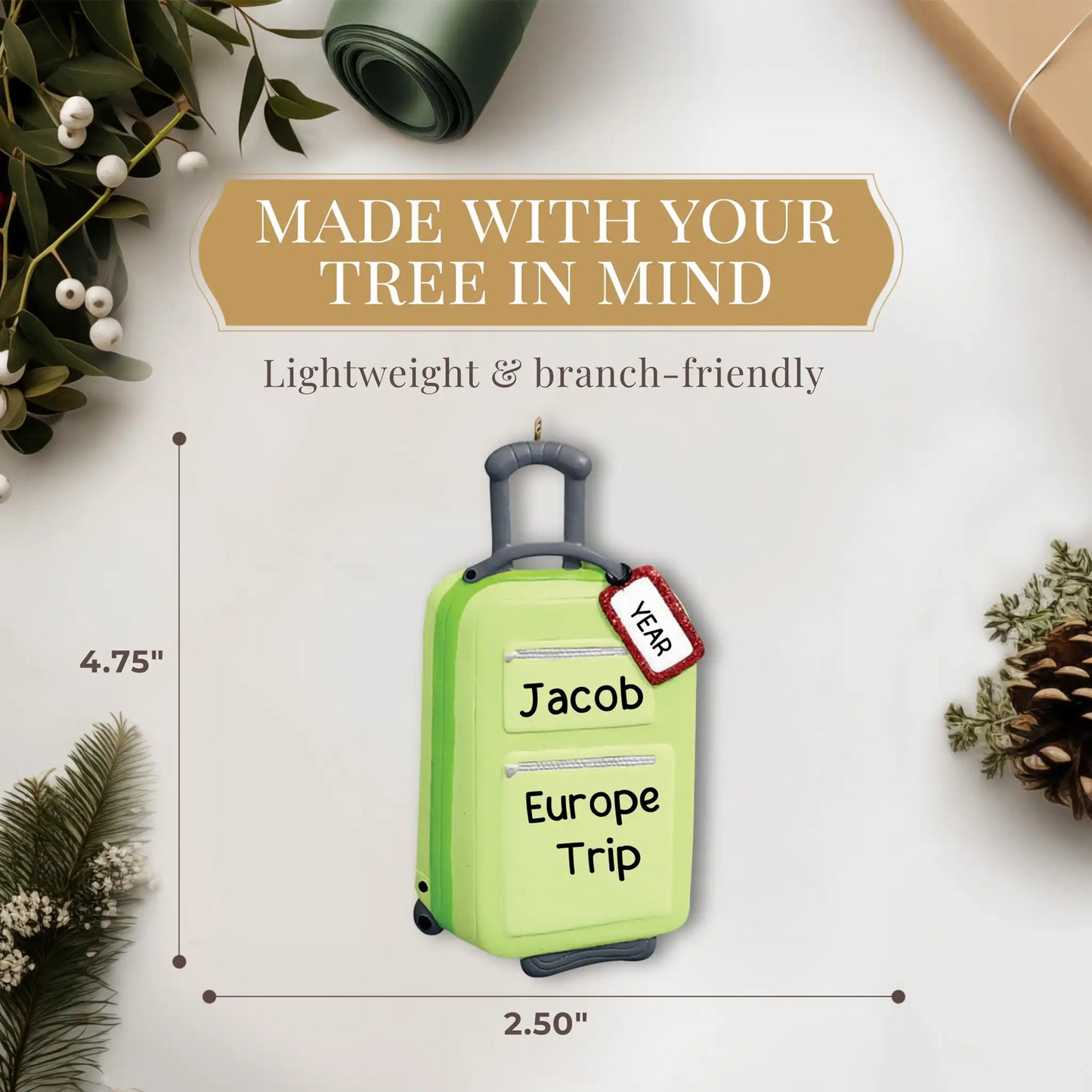 Adorno navideño de maleta de viaje verde