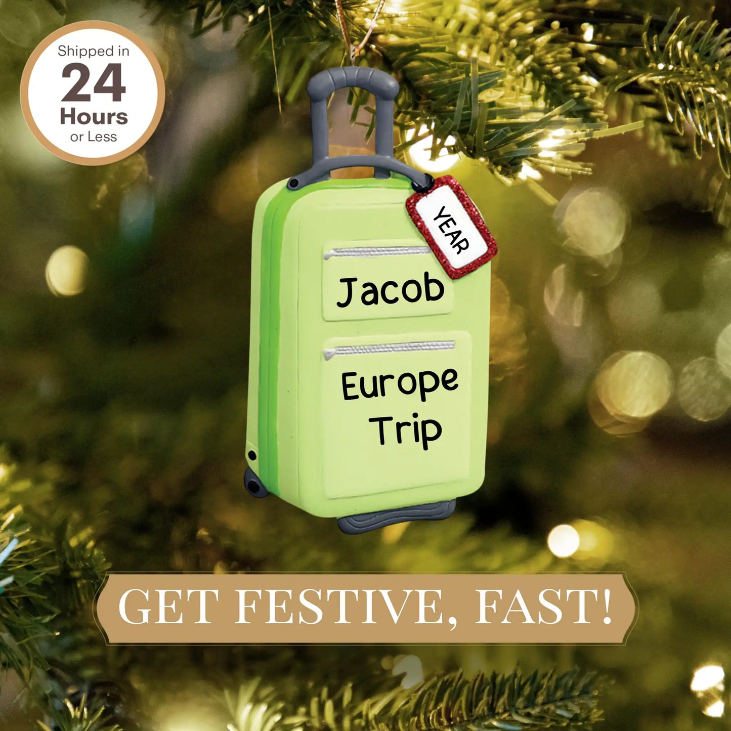 Adorno navideño de maleta de viaje verde