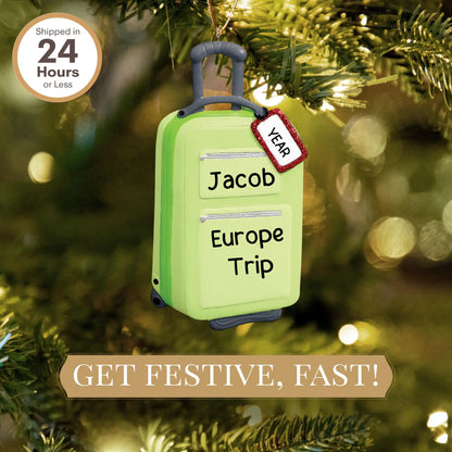 Adorno navideño de maleta de viaje verde