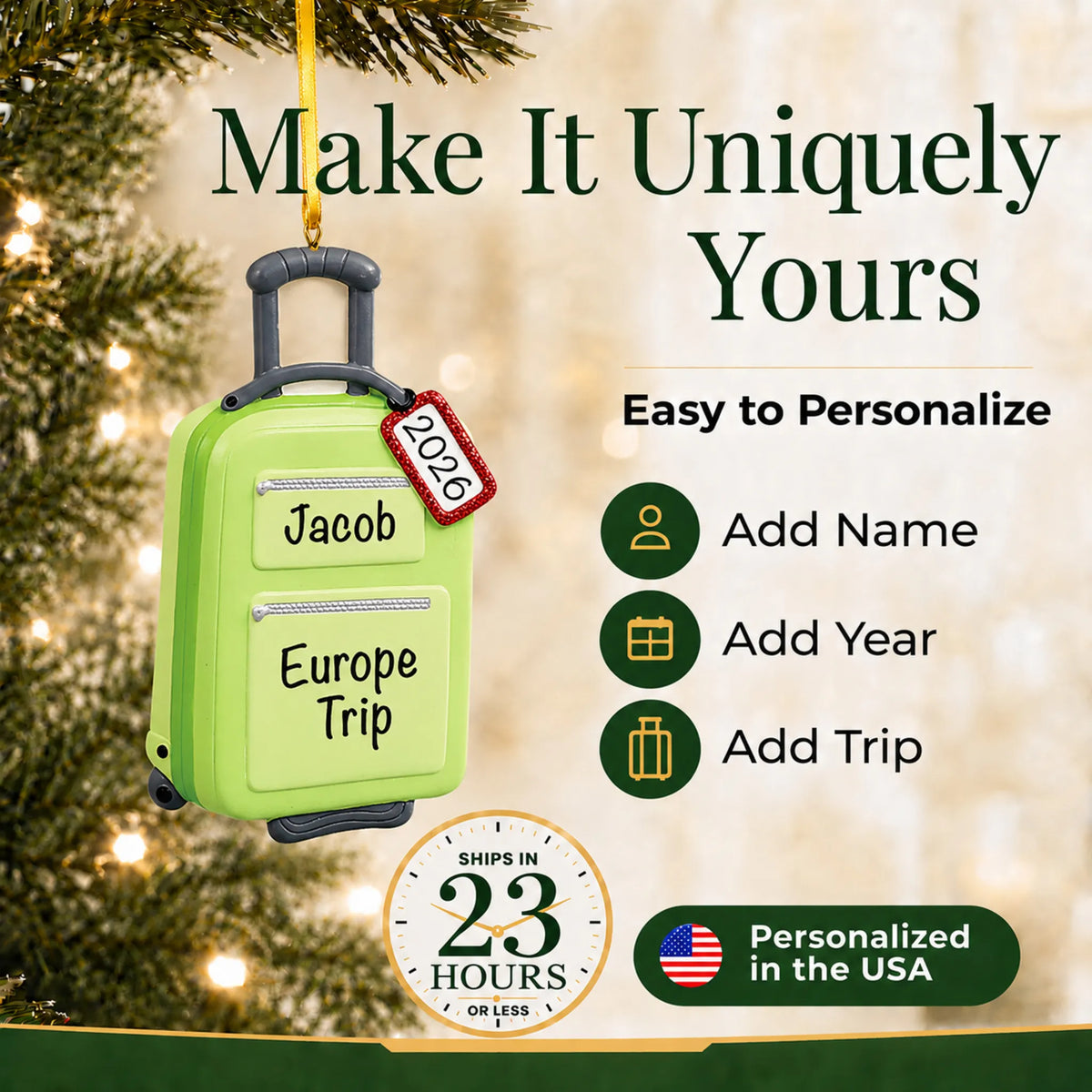 Make it yours: add name, year and trip to the personalized green travel suitcase christmas ornament
