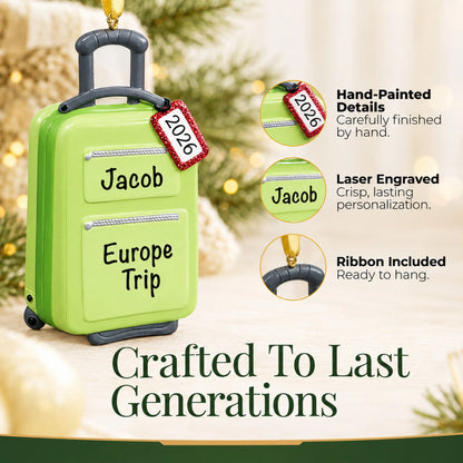 Hand-painted details and laser engraved personalization on the green travel suitcase christmas ornament, ribbon included