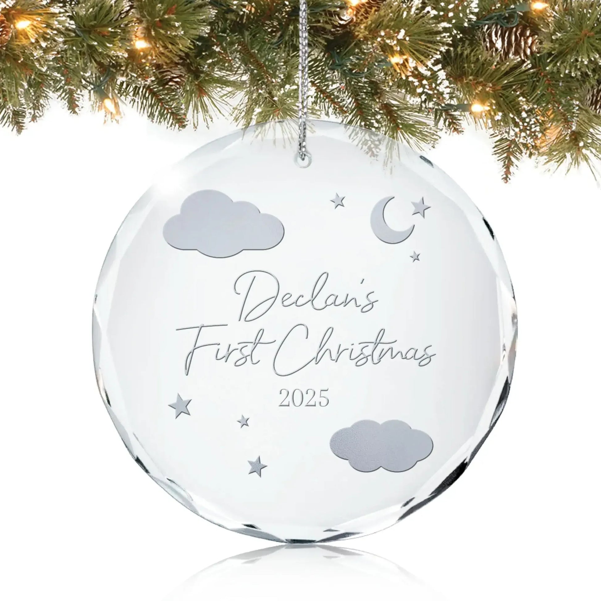 Clear glass baby's 1st Christmas personalized ornament with stars, moon and clouds