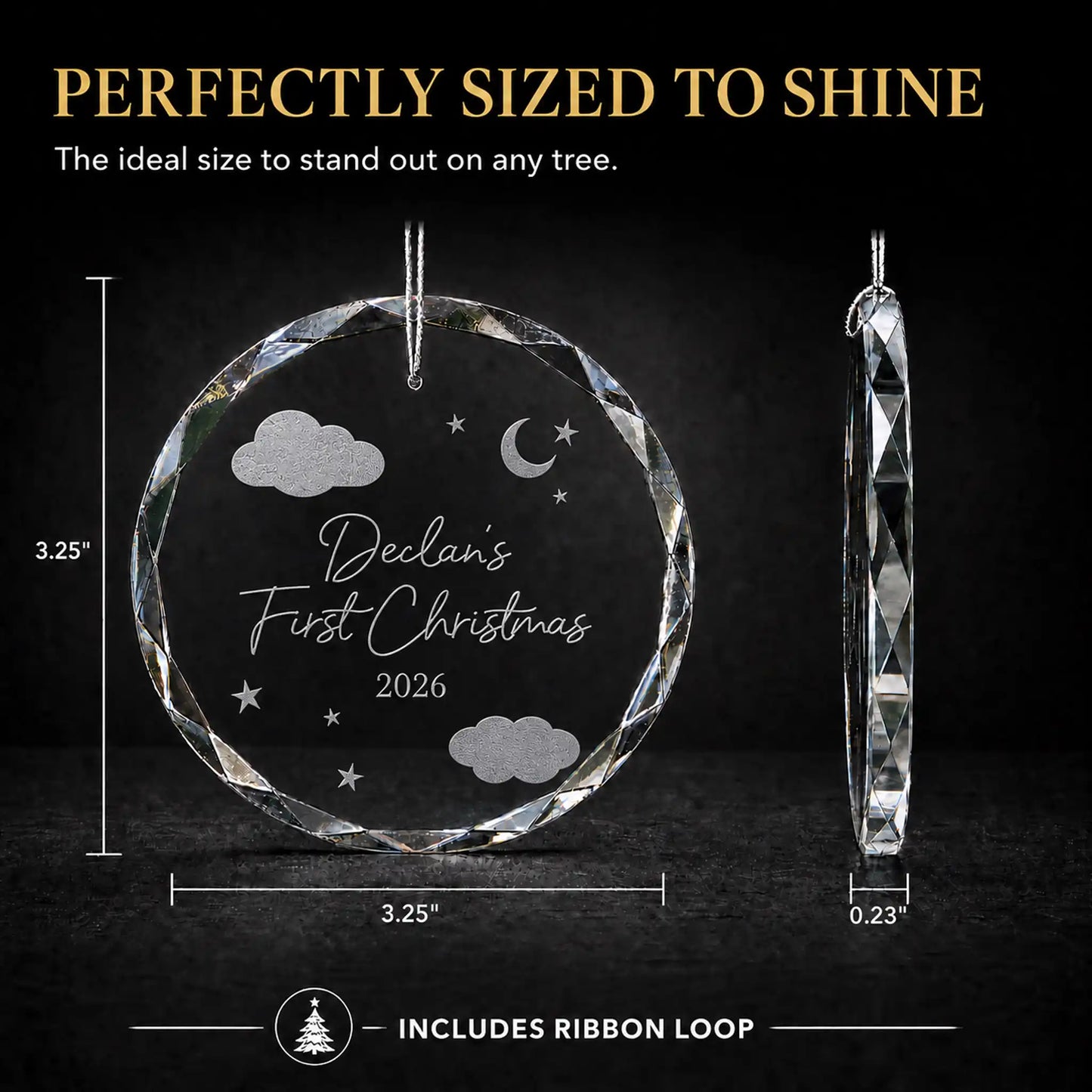 Size guide for the personalized baby's first Christmas glass ornament, 3.25 inches tall by 3.25 inches wide and 0.23 inches thick