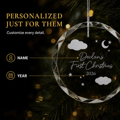 Personalization options on the baby's first Christmas glass ornament, custom name and year laser engraved among the clouds, moon and stars