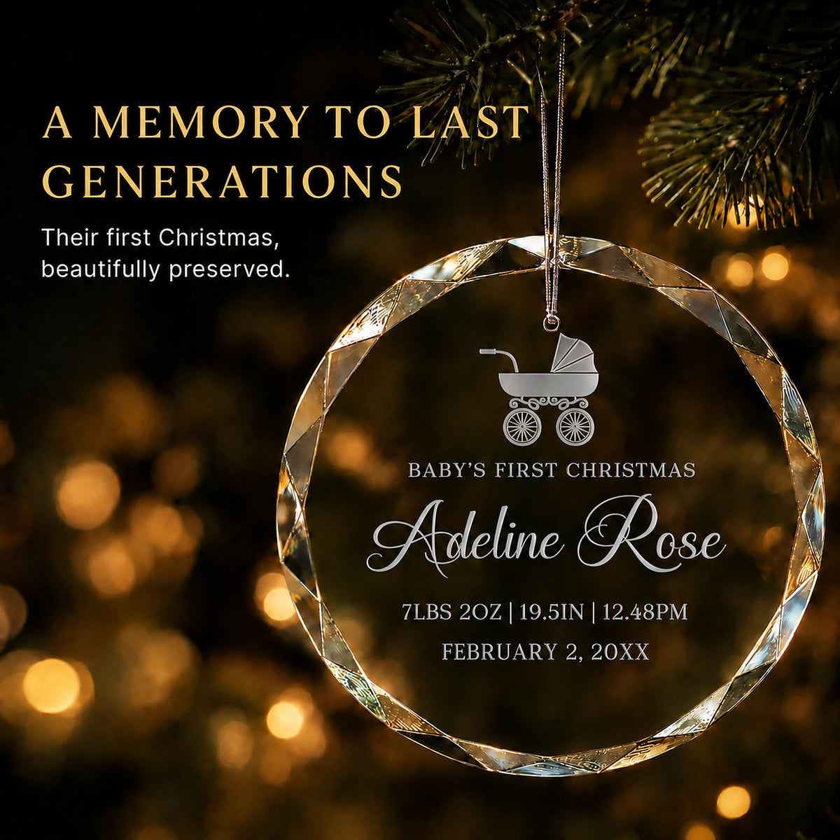 Personalized baby's first Christmas ornament in K9 optical glass hanging on a lit tree, engraved with a baby carriage, baby's name and birth stats