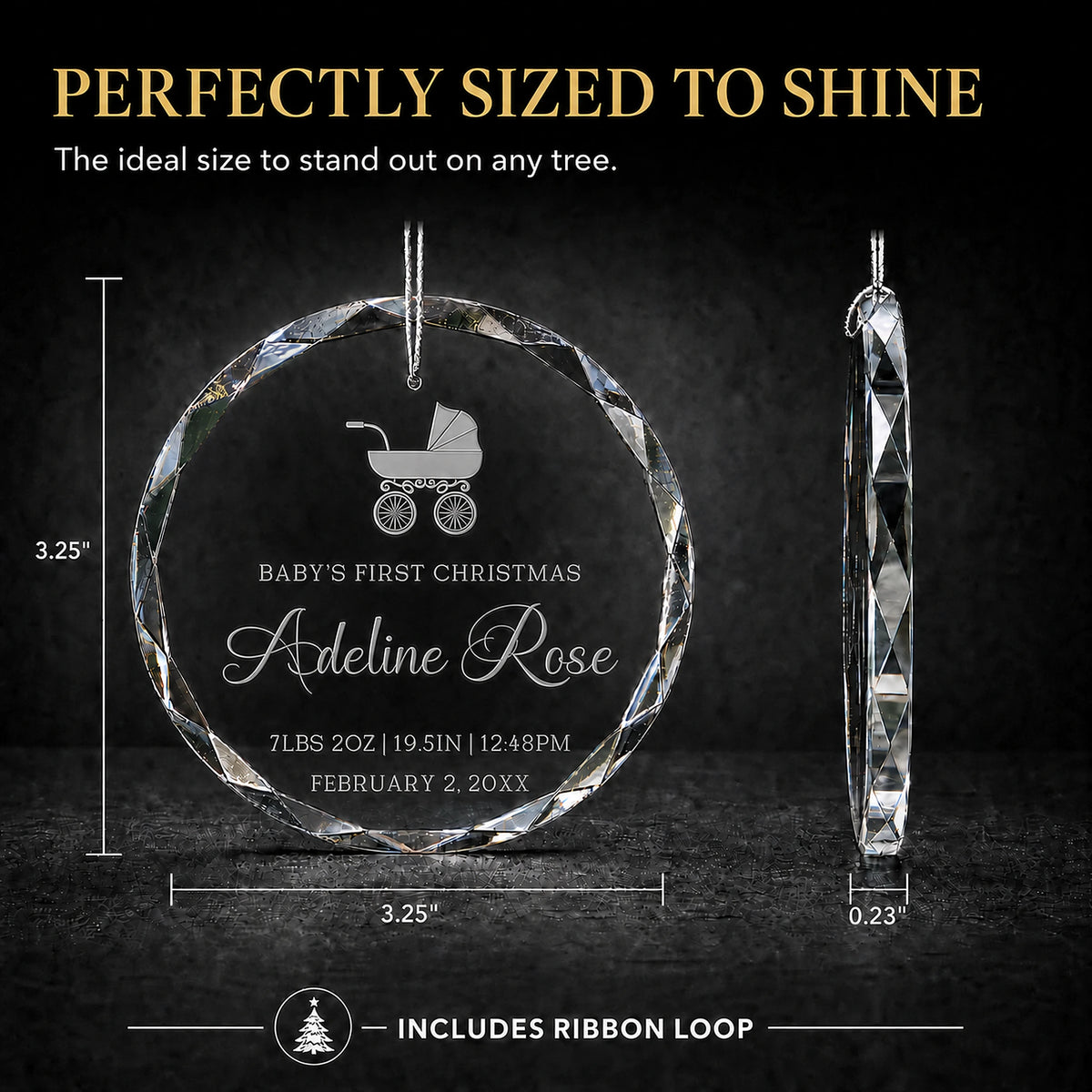 Size guide for the baby carriage personalized baby's first Christmas glass ornament, 3.25 inches tall by 3.25 inches wide and 0.23 inches thick