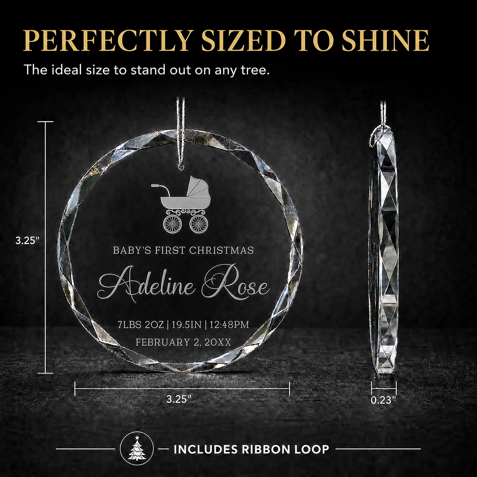Size guide for the baby carriage personalized baby's first Christmas glass ornament, 3.25 inches tall by 3.25 inches wide and 0.23 inches thick