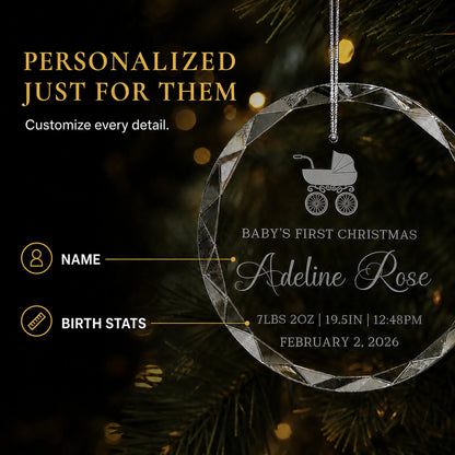 Personalization options on the baby carriage baby's first Christmas glass ornament, custom name and birth stats including weight, length, time and date laser engraved