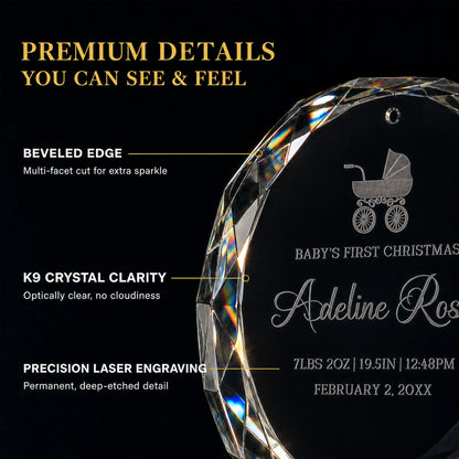 Beveled multi facet edge of the K9 optical glass baby's first Christmas ornament, optically clear with deep etched permanent laser engraving